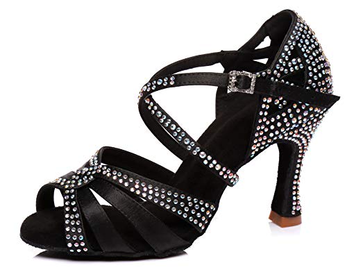 Chaussures danse latine femme L408 Noir à cristaux précieux et talon aiguille 9 cm