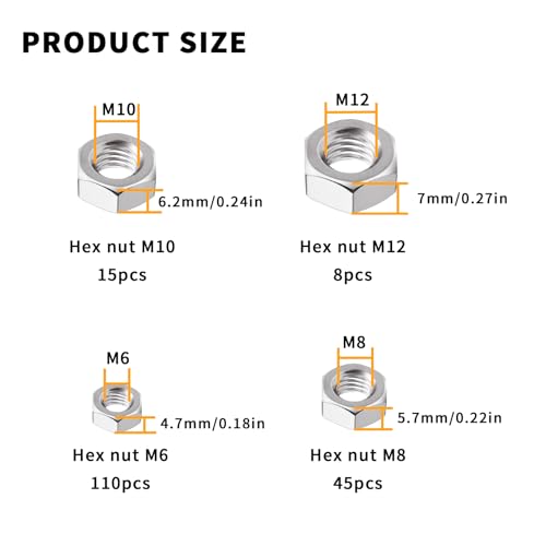 TOOINKCV 178 Stück Sechskantmuttern M6 m8 m10 m12 Muttern Set, Sechskant Muttern Sortiment, Sicherungsmuttern Stoppmuttern Set, Selbstsichernde Muttern für Schrauben Unterlegscheiben Gewindestangen