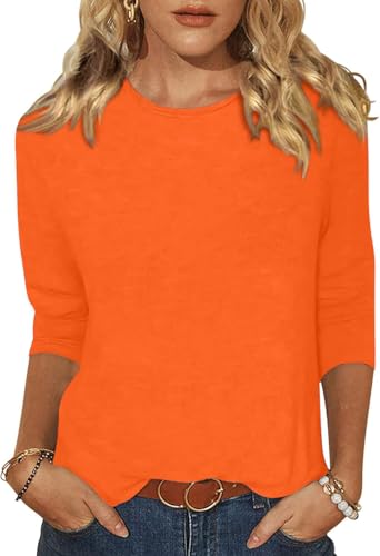 YUTILA Camiseta de manga 3/4 para mujer, básica, cuello redondo, algodón, informal, monocolor, camiseta ligera para el tiempo libre, naranja, L