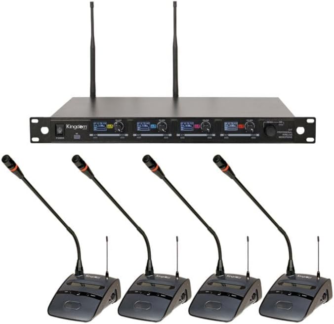 Kingdom V5 Wireless Microphone System with receiver and four podium microphones