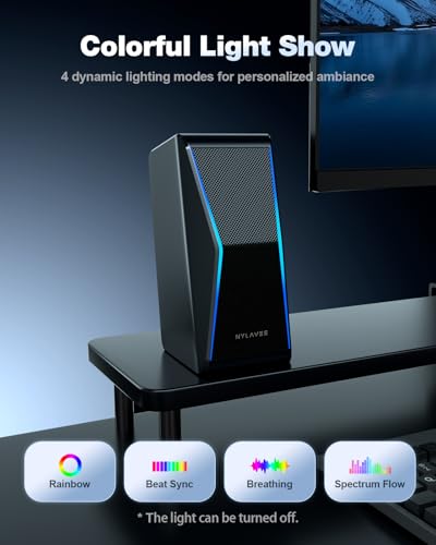 Image of Nylavee Computer Speakers, Hi-Fi Stereo Sound PC Speakers with Bluetooth 5.0 and 3.5mm AUX-in, 14W AC Powered, Built-in Equalizer Modes and RGB Lights for Desktop PC, Monitor, Laptop, PS5, Xbox