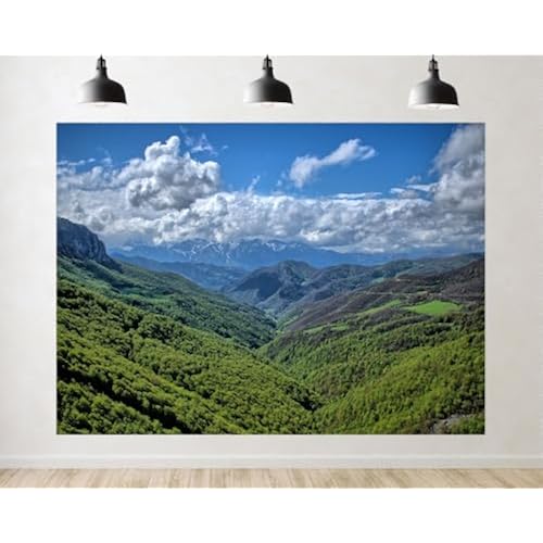 Trykid 10x8ft Green Mountain Valley Backdrop Lush Wood Snow Peak Fluffy Cloud Blue Sky Photography Background Outdoor Hike Retreat Party Decoration Tapestry Photo Booth Prop Fabric