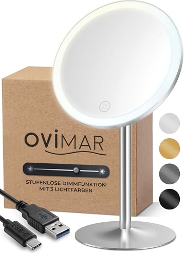 ovimar Kosmetikspiegel Bogo Silber | mit Beleuchtung | wiederaufladbar | freistehend | im Badezimmer | 5fach Vergrößerungsspiegel | Schminkspiegel mit Licht | 360 Grad Spiegel