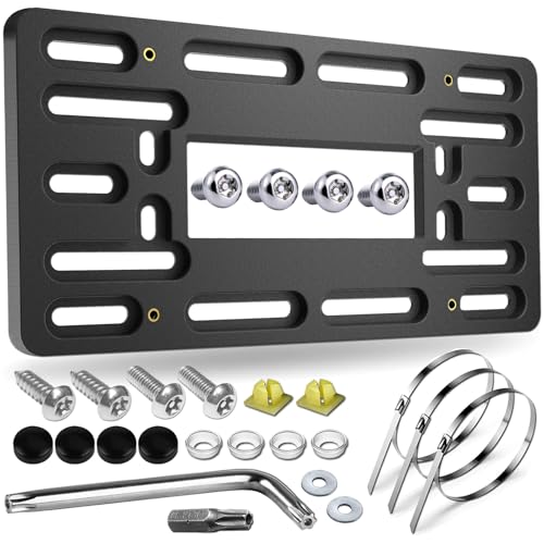 Aootf Front License Plate Bracket Holder - Universal Front Bumper License Plate Mounting Kit, 2 Drill Holes Car Tag Adapter with Anti Theft Stainless Steel Screw Bolt Caps