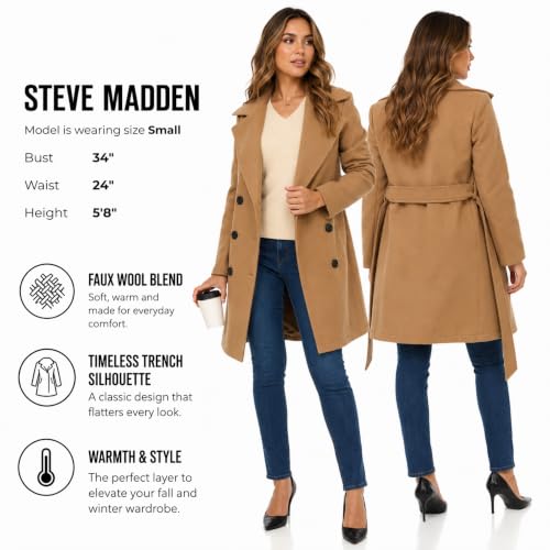Image of Steve Madden Trench Coat for Women - Double-Breasted Long Winter Faux Wool Coat