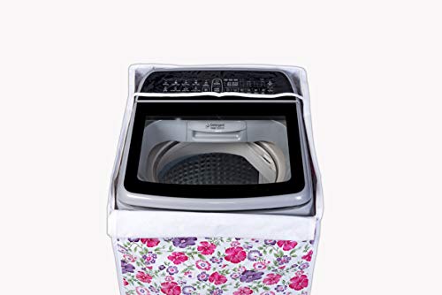 Image of Classic Top Load Washing Machine Cover Suitable for Bosch Back Panel 6.5 Kg, 7 Kg, 7.5 Kg, 8 Kg, 8.5 Kg (57cmsX56cmsX95cms, White & Pink Flower, Medium)