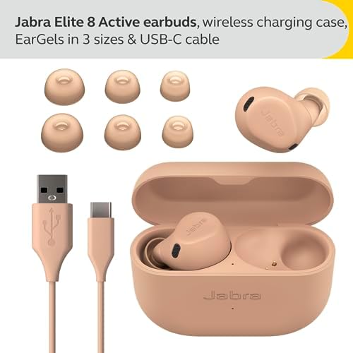 Jabra Elite 8 Active Wireless In-Ear Bluetooth Earbuds with Adaptive Hybrid Active Noise Cancellation, and 6 built-in Microphones, Water and Sweat Resistant - Caramel