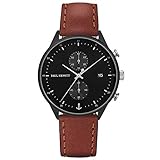 PAUL HEWITT Chronograph Herren Chrono Line Black Sunray - Herren Chronograph Edelstahl (Schwarz), Armbanduhr Männer mit Stoppuhr und Lederarmband (Braun), schwarzes Ziffernblatt
