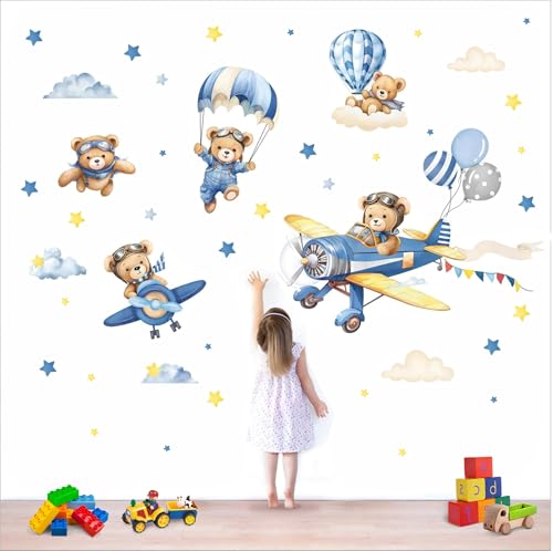 DREAM DECALS' Airplane with Animals Wall Stickers Hot Air Balloon Bear Clouds Wall Decals Baby Nursery Kids Boys Bedroom Living Room Wall Decor-Self-Adhesive