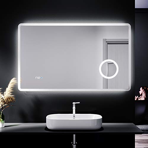 SIRHONA 3X Loupe Miroir de Salle de Bain 100x60cm avec Éclairage LED avec Prise pour Rasoir Miroirs de Salle de Bain Mural avec Affichage de L'heure Anti-buée Miroirs LED