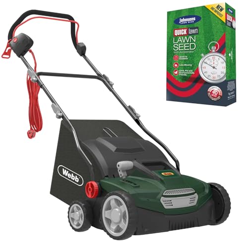 Webb 2-in-1 1500W Electric Lawn Aerator Scarifier Lawn Rake, 36cm Width, Large 45L Collection, 5 Working Depths, 10m Cable - 3 Year Warranty