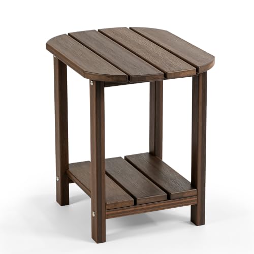 Image of Outdoor Side Table with Shelf - All-Weather HDPE End Table with Realistic Wood Grain, Heavy Duty Composite for Patio, Deck, Poolside, Garden & Adirondack Seating (Brown Mixture)