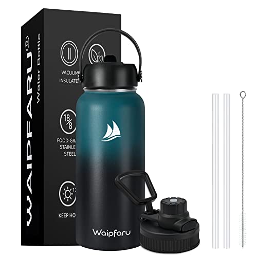 Waipfaru 32Oz Water Bottle - Stainless Water Bottle With 2 Lids & 2 Straws, Insulated Water Bottles Keep Hot And Cold, Wide Mouth Sports Water Bottle For Hiking Biking Sport, Green Black #TOP27