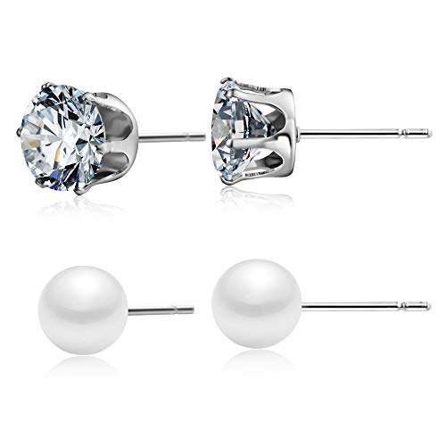OUGWA 12 Pairs Stainless Steel Clear Cubic Zirconia Pearl Stud Earrings Women's Stud Earrings Set (Pearl Earrings)2