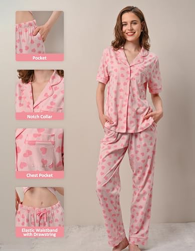 Image of NAP BOUND 100% Cotton Women's Pajama Sets Short Sleeve Button Down Soft Pjs 2 Piece Lounge Set with Pocket Nightwear XS-XXL
