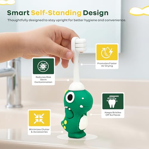 Image of R for Rabbit Tiny Smiles Dino Kids Toothbrush with Tongue Cleaner for Toddlers & Babies 2+ Years | Extra Ultra Soft PBT Bristles, Gentle on Gums | Cute 3D Dinosaur Easy Grip Handle | BPA Free (Green)