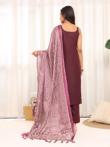 Image of Varanga Women's Violet Strap Kurta with Tonal Bottom & Printed Dupatta - Round Neck, Side Slit Design, Stylish & Comfortable