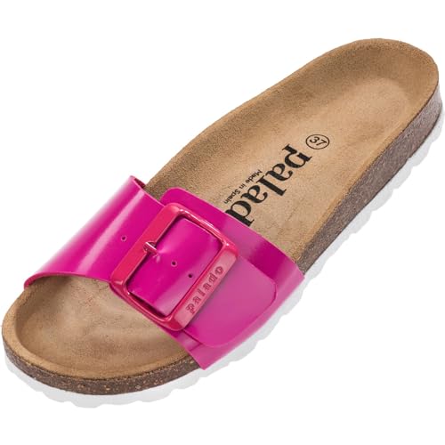 Palado Pantoletten Damen Malta EGS Lack – bequeme Sandalen Made in Spain - Hausschuhe mit dämpfendem Kork-Fußbett - modische Sommerschuhe Fuchsia UK6 - EU39