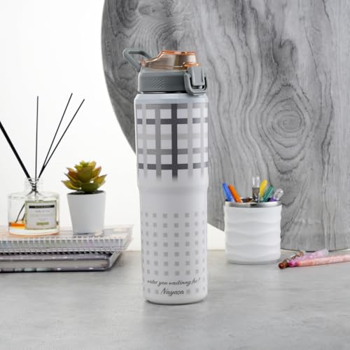 Image of Nayasa Duo-Sip Water Bottle - 730ml | Checkered Design | BPA-Free, Dual Sip Modes | Leak-Proof, Insulated Steel Inner | Great for School, College, Work, Sports | Grey