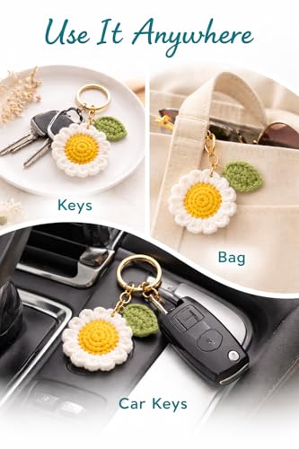 Image of Handmade Crochet Sunflower Keychain for Women & Girls, Cute Yellow Flower Key Ring Charm, Soft Yarn Knitted Gift, Bag Charm, Car Key Holder, Aesthetic Handmade Floral Accessory