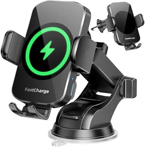 – 3-in-1 Super Fast Wireless Car Charger & Auto-Clamping Phone Mount - Compatible with iPhone 14-11/Xs/XR, Samsung S23-S20/S10+/S9+/Note 9
