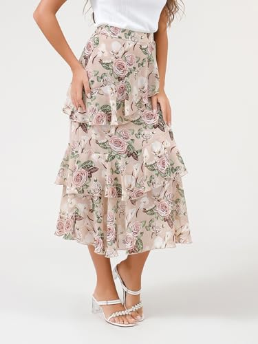 DERAX Women's Fall Summer Boho Floral A Line Midi Skirt High Waist Weekend Trendy Chiffon Ruffle Flowy Dressy Skirts4