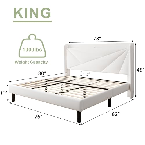 Feonase King Bed Frame with Charging Station, Elegant Velvet Upholstered Platform Bed for Adults, Ideal for Modern Bedrooms, Convenient Storage and Charging, Easy Assembly, White