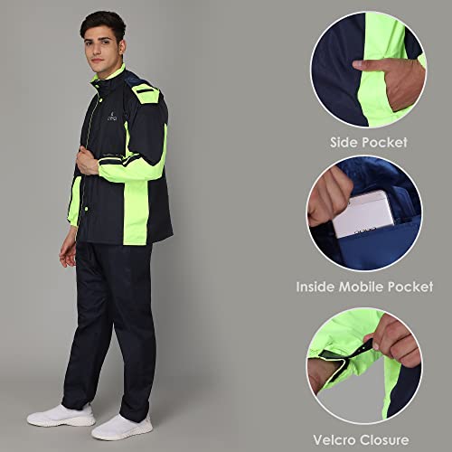 Image of THE CLOWNFISH Solomon Series Men's Waterproof Polyester Double Coating Reversible Raincoat with Hood and Reflector Logo at Back. Set of Top Bottom. Printed Plastic Pouch Rope