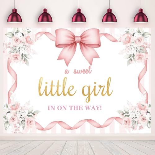 MHLSWY 7x5FT Pink Floral Bow Decorations Backdrop A Sweet Little Girl is on The Way Photography Background Gender Reveal Baby Shower Party Banner Decor Photo Booth Studio Supplies
