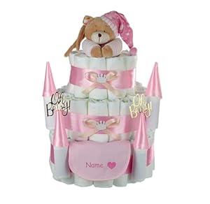 Große Windeltorte Windelschloss, 3-stöckig | Spieluhr Teddybär rosa + personalisierbar mit Name | Prinzessin-Edition mit Teddybär und Lätzchen, Baby Geschenkset