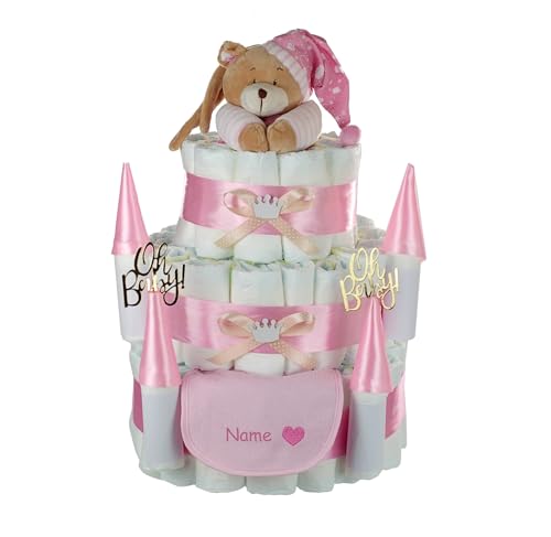 Design: torta di pannolini a tre piani a castello con accenti rosa e decorazioni a corona argentata