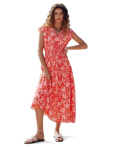 Kate Kasin Damen Boho Blumenkleid Sommer Freizeitkleid Rüschenärmeln V-Ausschnitt A-Linie Strandkleid mit Taschen Orange S