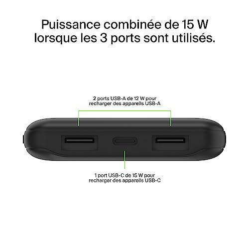 Belkin batería externa portátil de 10000mAh, cargador externo USB-C con 1 puerto USB-C y 2 puertos USB-A, power bank de 15 W, batería portátil para iPhone, Galaxy, Pixel, AirPods, iPad y otros - Noir