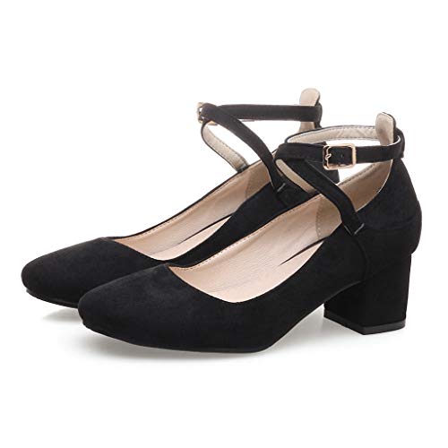MIOKE Women's Retro Square Toe Chunky Mid Block Heel Pumps Suede Ankle Strap Comfort Office Dress Shoes2