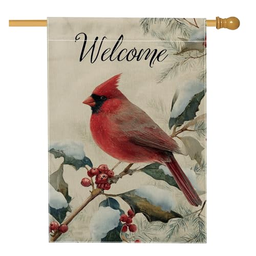 Bandera de casa de cardenal, bayas de acebo rústicas de invierno de arpillera roja de doble cara para exterior, bandera de jardín grande para césped al aire libre, patio, entrada, 28 x 40 pulgadas