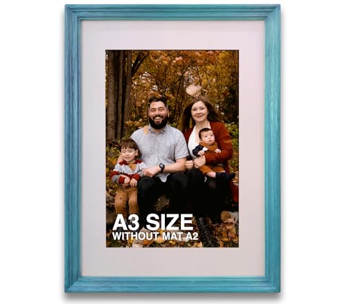 Image of A3 Size Wooden Photo Frame with Mat, Blue Photo Frame for Wall Decoration, Home Decor for Wall Hanging, Best Wooden Photo Frame for Posters and Photos (A2 Size Matted to A3 Size)