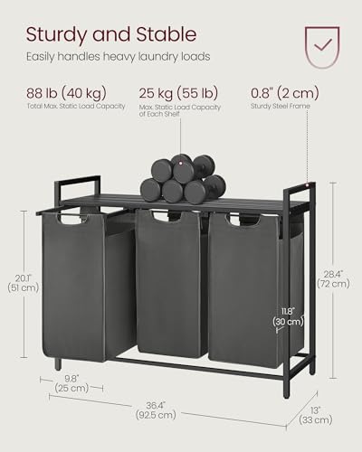 VASAGLE Laundry Hamper, Laundry Basket, Laundry Sorter with 3 Pull-Out and Removable Bags, Shelf, Metal Frame, 3 x 10.6 Gallons (40 L), 36.4 x 13 x 28.4 Inches, Slate Gray and Charcoal Gray UBLH301G01