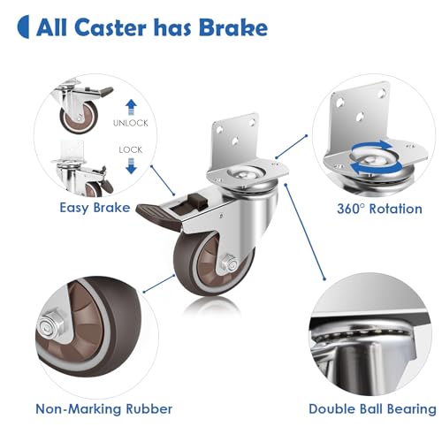 W B D WEIBIDA 3 Inch L-Shaped Casters with 4 Brakes, Side Mount Heavy Duty Castor Wheels with Load Capacity 1000 LBS - Image 3