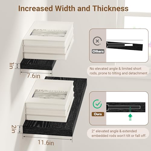 Image of 24 Inch Floating Shelves, 12 Inch Deep Floating Shelves for Wall, Extra Deeper & Thicker Wooden Wall Shelf with Invisible Brackets, Shelf for Bedroom Living Room Home Decor(Black, Set of 2)