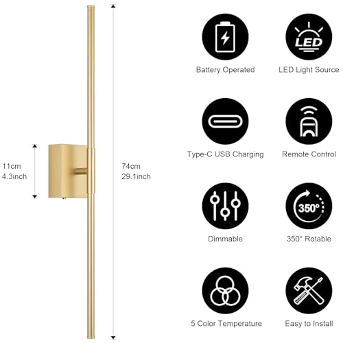 Image of Battery Operated Wall Sconce Set of Two with Remote Control, 3000K-6000K Dimmable Gold Wall Lights, Timable LED Wireless Wall Sconces, 350 Ratate for Bathroom, Living Room, Hallway 29.1 Inch