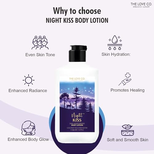 Image of THE LOVE CO. Night Kiss Body Lotion 250ml - Nourishing Moisturizer Cream for Dry Skin - Suitable for Men and Women with Jojoba Oil, Shea Butter & Vitamin E