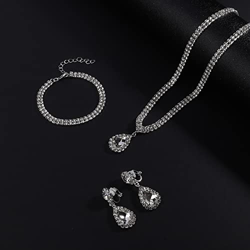Fibo Steel Clip On Wedding Jewelry For Bride Bridesmaid Clip Teardrop Pendant Earrings Crystal Rhinestone Tennis Necklace Bracelets Jewelry Set For Women Party Wedding Prom thumb #2