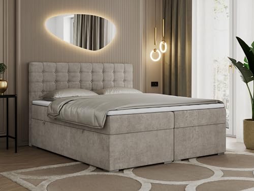 MKS MEBLE Boxspringbett Beige 160x200, Polsterbett 160x200 mit Bettkasten, Bett 160x200 mit Multipocket-Matratze H3, Boxspringbett 160x200 mit Kopfteil und Topper - H3 Beige Strukture - Susan