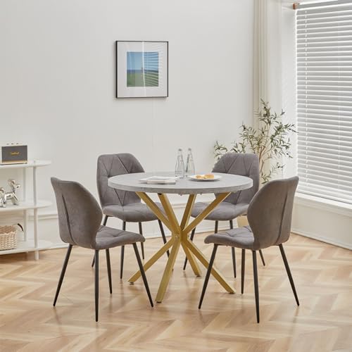 DEYARNA HOME Essgruppe Set Tisch und Stühle, 100cm Runder Esstisch und 4 Leinen-Esszimmerstühle, 4 Stühle & Tisch für Küche, Esszimmer und Wohnzimmer (Dunkelgrau-LX, 100 * 100 * 76.5cm (Grau/Gold))