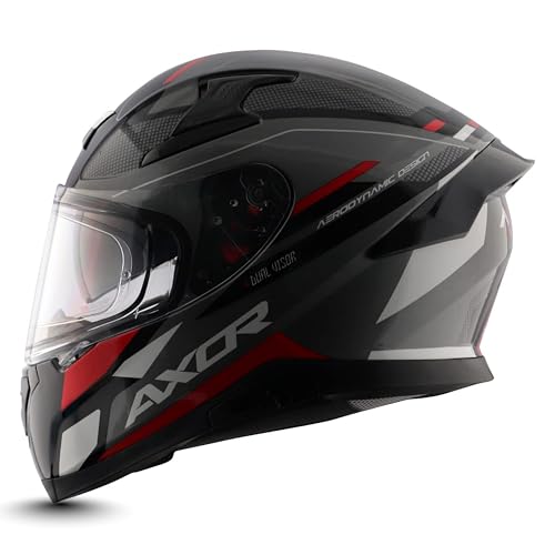 Image of Axor Apex Turbine ISI ECE DOT Certified Full Face Dual Visor Helmet for Men and Women with Pinlock Fitted Outer Clear Visor and Inner Smoke Sun Visor Black Red Grey Helmet-XL