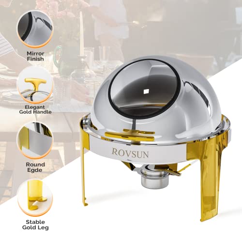 Rovsun Roll Top Chafing Dish Buffet Set Gold Accent,6 Quart Round Stainless Steel Chafer, Buffet Servers And Warmers Set Warming Tray With Glass Window For Wedding, Parties, Banquet, Events #TOP5