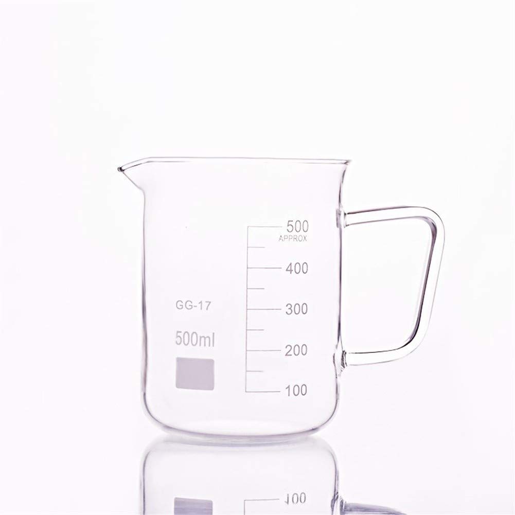 Vaso de precipitados de laboratorio Vaso de precipitados de vidrio en forma baja, Capacidad 500 ml, Diámetro exterior = 89 mm, Altura = 120 mm, Vaso de precipitados de laboratorio con asa (Capacidad