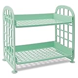 QUMENEY Desktop Rack Cosmetic Stationery Storage Holder, 2-Tier Multifunctional Plastic Shelf Makeup Organizer for Skincare Office Kitchen Bedroom Bathroom Home (Light Green)