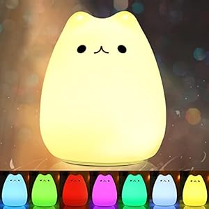 CHWARES Portable LED Enfants Veilleuse enfants Multicolor lampe de chat en silicone, blanc chaud et 7 couleurs respiration, Robinet Sensibles de contrôle USB rechargeable d’éclairage