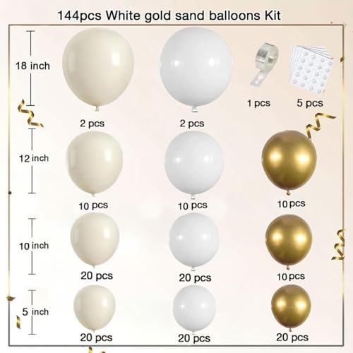 Image of Blocesa Sand White Gold Balloon Arch Kit, 144pc, Latex, Party Decor.